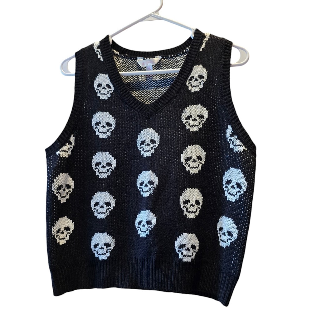 No Boundaries Sweater Vest Women/Juniors LG Goth Punk Grunge Skull Skeleton Knit